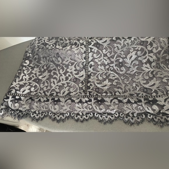 White House Black Market Silver Gray Metallic Lace Bell Sleeve Dress. - Picture 14 of 17